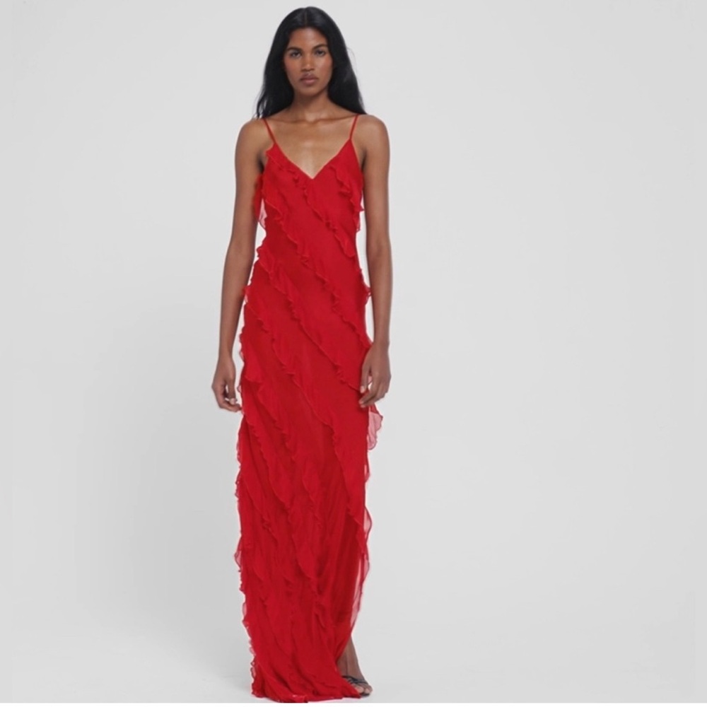 Rat & Boa Red Ruffle-Detail Maxi Slip Dress
